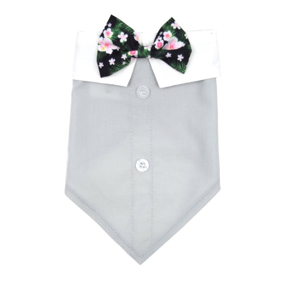 Gray Dog Bandana with Floral Bow Tie